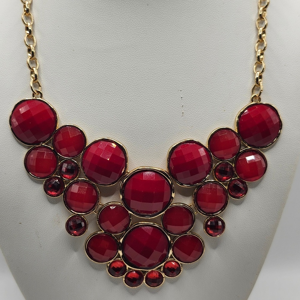 New York & Company Red Faceted Bead Gold Tone Bib Statement Necklace